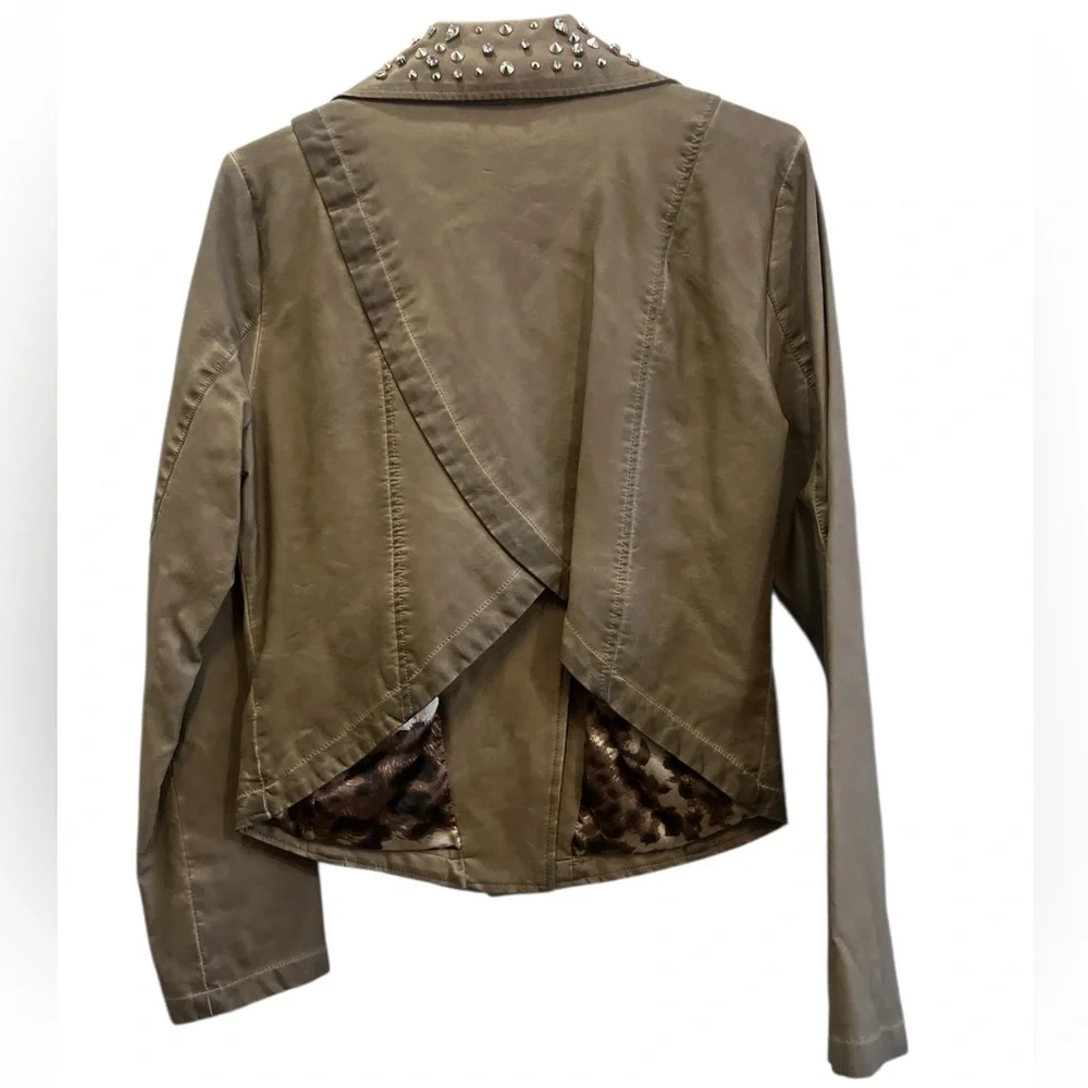 Sam Edelman Studded Distressed Tan/Brown Moto Jacket With Leopard Print Lining